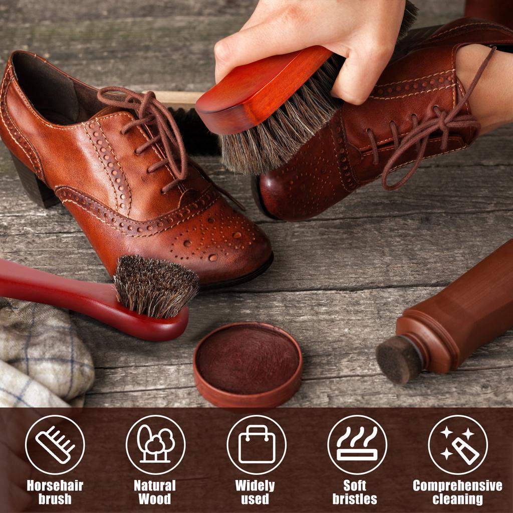 3Pcs Horsehair Shoes Brush Kit with Wood Long Handle Real Horse Hair Soft Polishing Tool for Leather Shoes Suede Polish Care