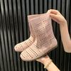 2025 spring and summer new sandals leather hole middle boots medium heel thick heel large size women's boots hollow cool boots