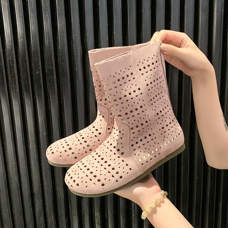 2025 spring and summer new sandals leather hole middle boots medium heel thick heel large size women's boots hollow cool boots