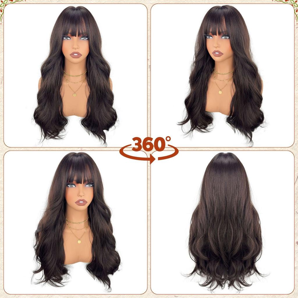 Women Stylish Long Wave Hair with Bangs Synthetic Black Brown Wigs for Daily Cosplay Use Heat Resistant Fibre