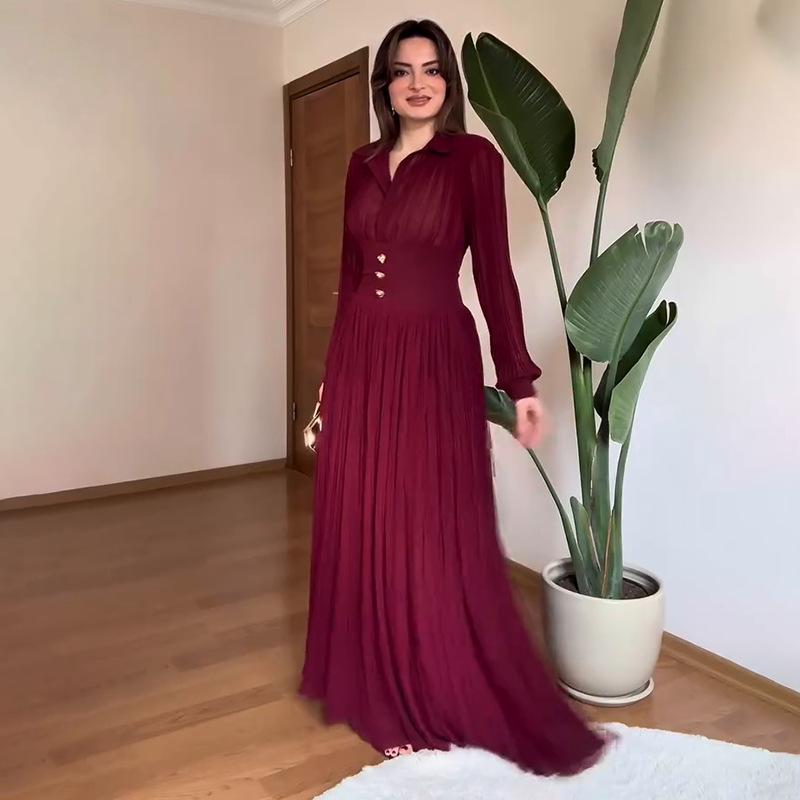 European Elegant Long-Sleeve Polo Collar Pleated Dress - Solid Color, New Style Fashion