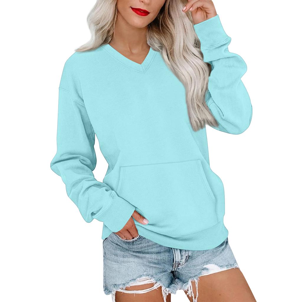 Women's Casual Fashion Solid Color V-Neck Long Sleeve Sweatshirt Lightweight Pullover With Pockets Warm Sweatshirt