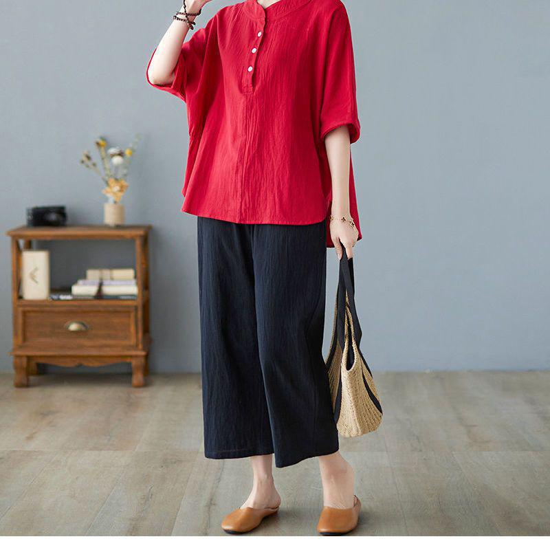 Plus Size Summer Cotton Linen Short-Sleeve Set for Middle-Aged Women - Fashionable Casual Two-Piece Outfit
