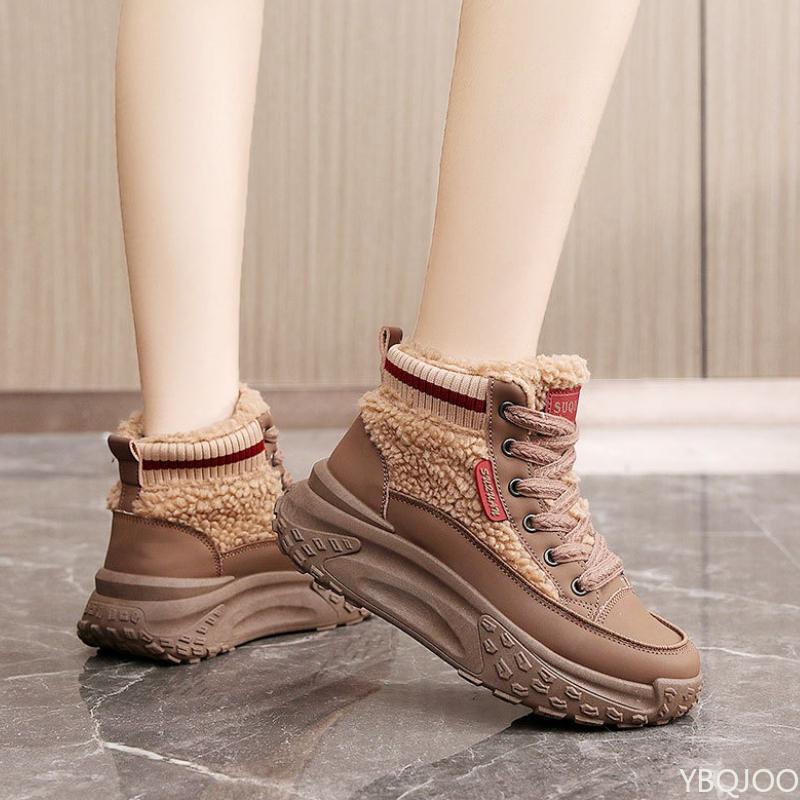 New Autumn Winter Cotton Shoes with Warm High Top Color Blocking Plush Height Increasing Simple Comfortable Women's Shoes