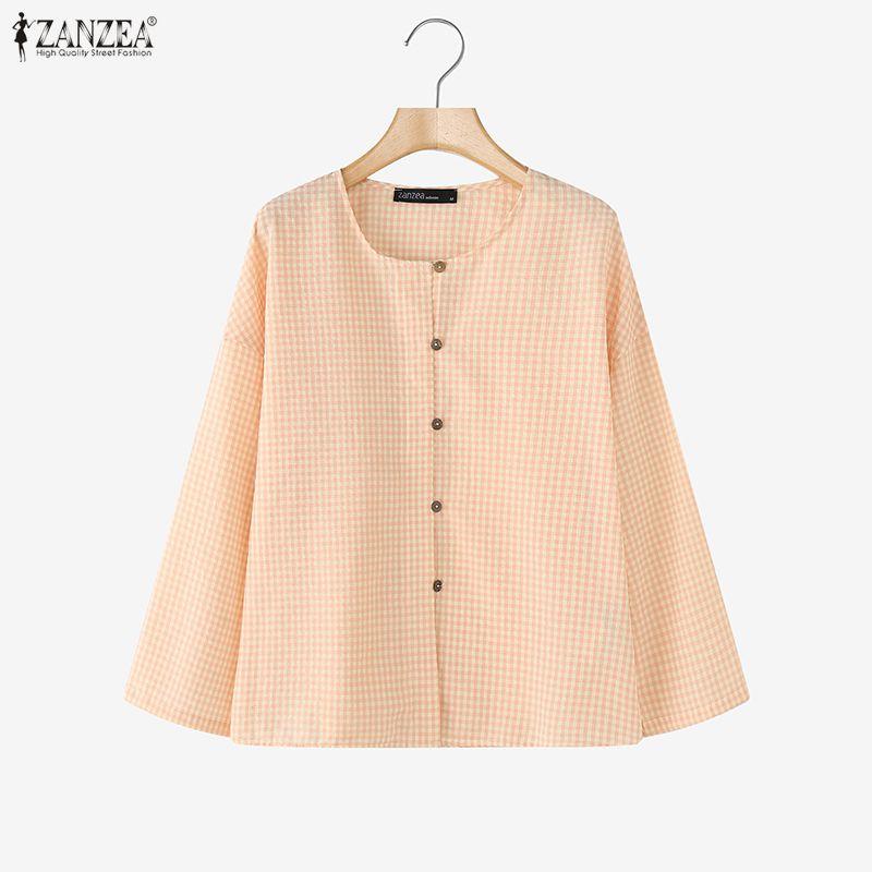 ZANZEA Women Casual Round Neck Long Sleeve Plaid Print Blouse