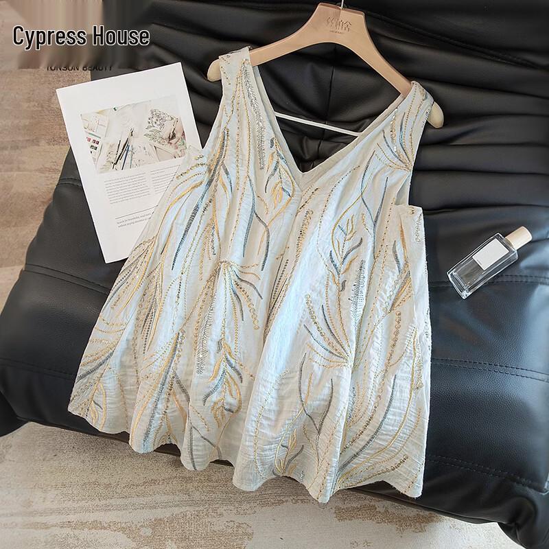 Women s French Style Embroidered Sequin Sleeveless V-Neck Shirt M белый