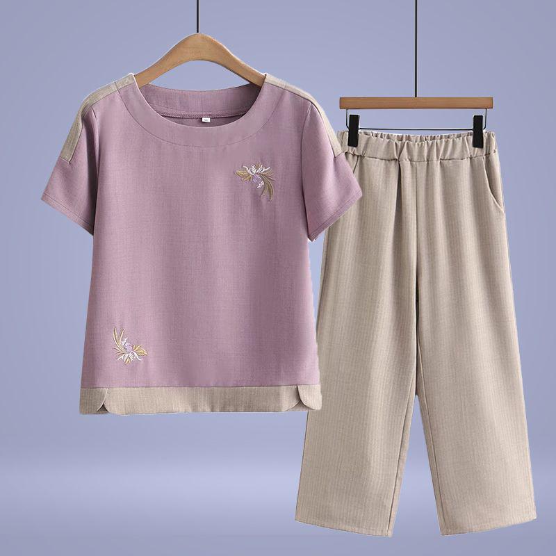 Brand Mom 2026 New Summer Cotton Linen Two-Piece Set: Short Sleeve T-shirt & Top for Middle-aged and Elderly Women