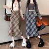Plus Size Damen Koreanischer Stil Karierter Wollner Hohe Taille Langer Rock für den Winter