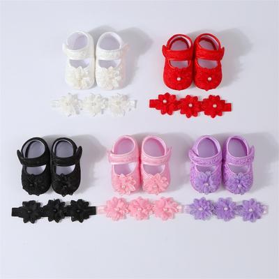 Baby Flower Pearl Bow Glue-on Toddler Shoes + Hairband Set