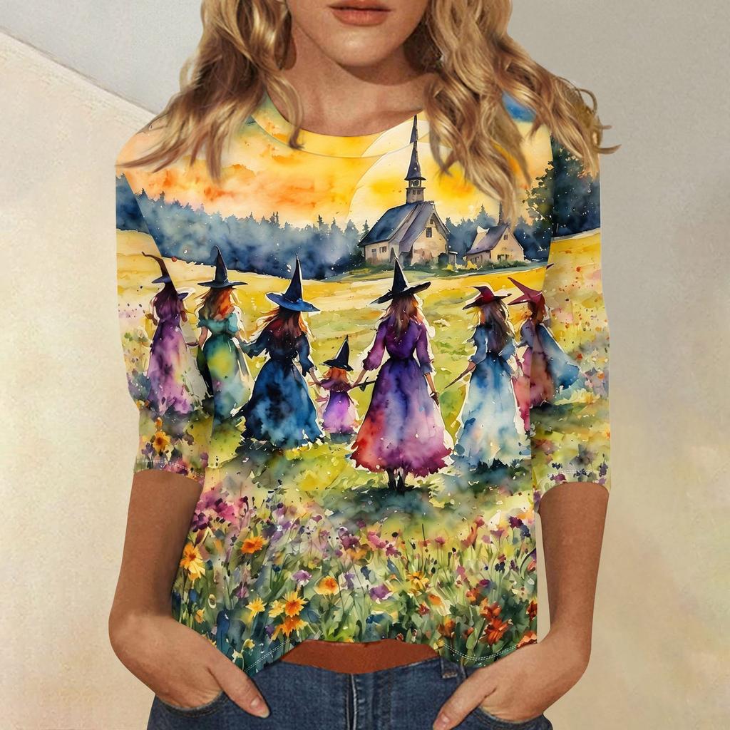Women's Fashion Casual 3/4 Sleeve Halloween Print Neck Blouse