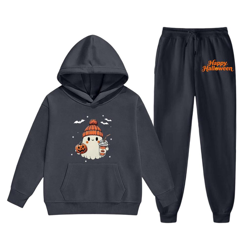Kids Halloween Hoodie Set with Graphic Print Pullover Sweatshirt and Matching Pants Comfortable Casual Outfit for Boys and Girls