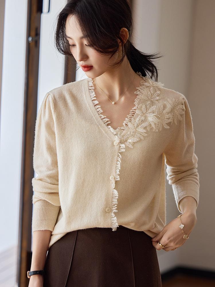 Women's 2025 Tassel Trim Wool Cardigan with French Lace Patchwork