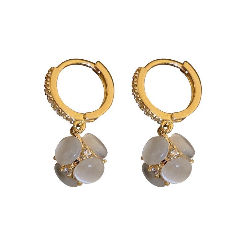 New trendy light luxury opal hydrangea earrings women's fashion temperament high-end ear buckles retro versatile ball earrings