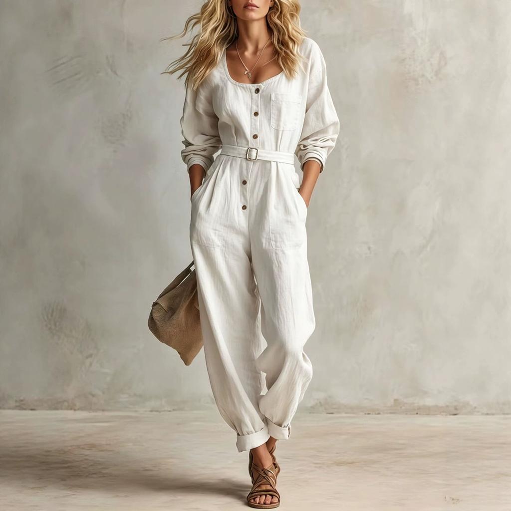 Tuta da donna con cintura, bottoni sul davanti, scollo a V, maniche lunghe, casual, vestibilità ampia, gamba affusolata