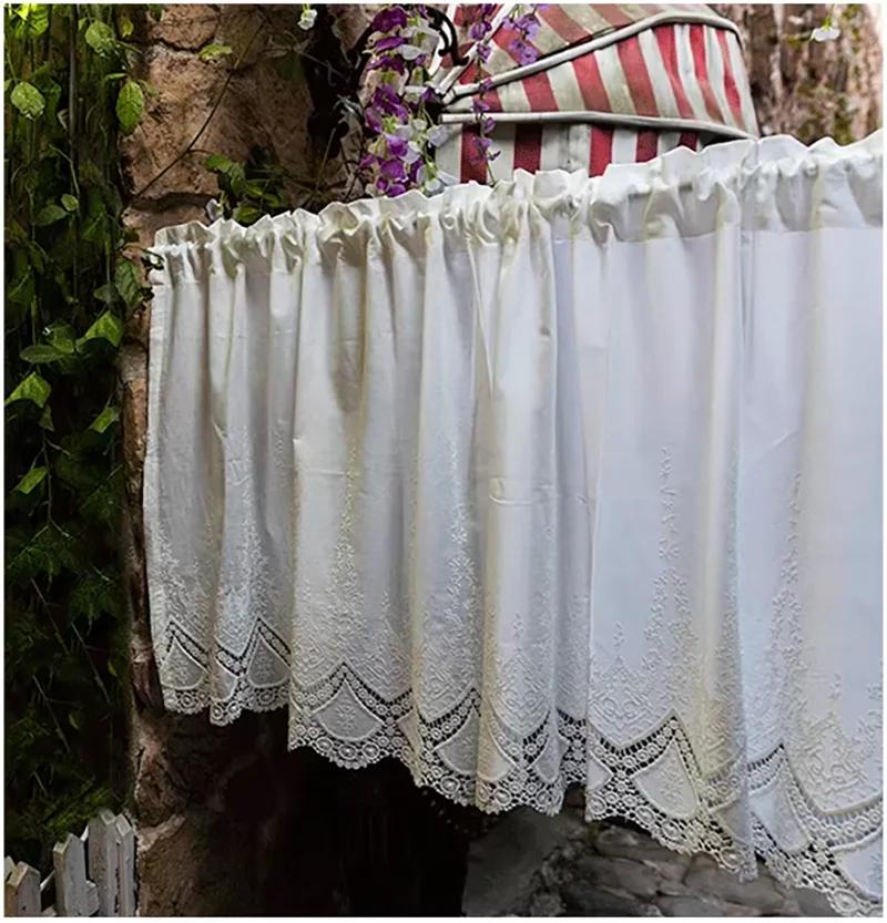 100% Cotton Hollow Flowers Short Curtains Living Room Korean Gream Lace Cloth Half Curtains for Kitchen Bookshelf Dust Curtain