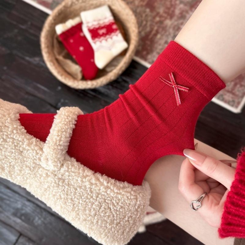 Bow Stripe New Year'S Big Red Socks Women'S Mid-Tube Socks Pure Cotton Edge Horse Year Stockings