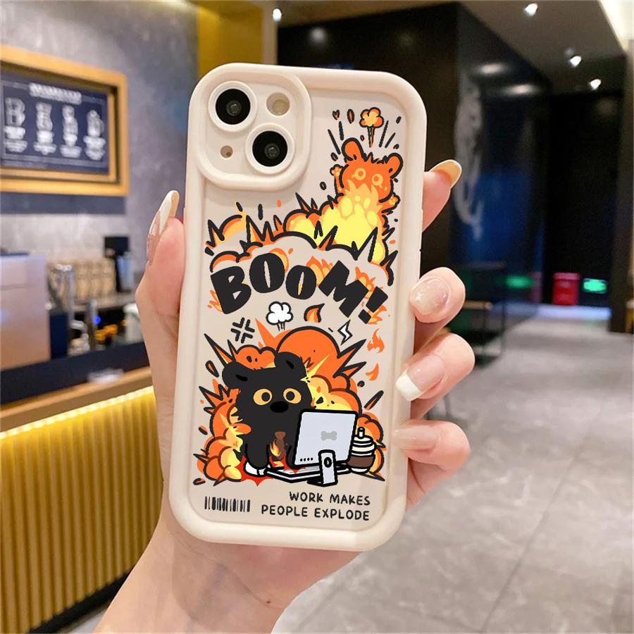 Case for Apple iPhone 11 15 Pro Max 14 Plus 13 12 16 Shockproof Shell Silicone Funda Phone Cover Cartoon Black Cat Explosion