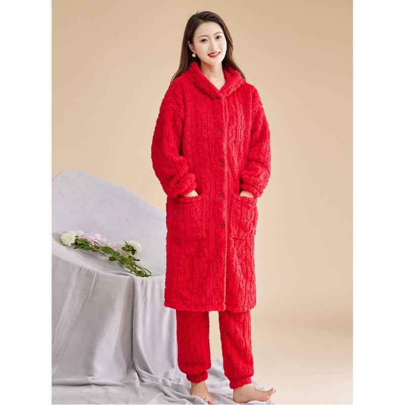 

2 шт./комплект Зимовий жіночий халат-штани з товстим капюшоном, кораловий оксамит, вільні однобортні штани-халати з кишенями 3XL червоний