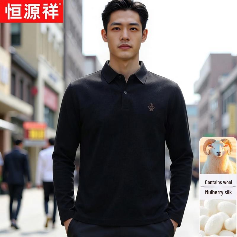 

Hengyuanxiang Men s Silk Wool Blend Long Sleeve Polo Shirt 52/XL