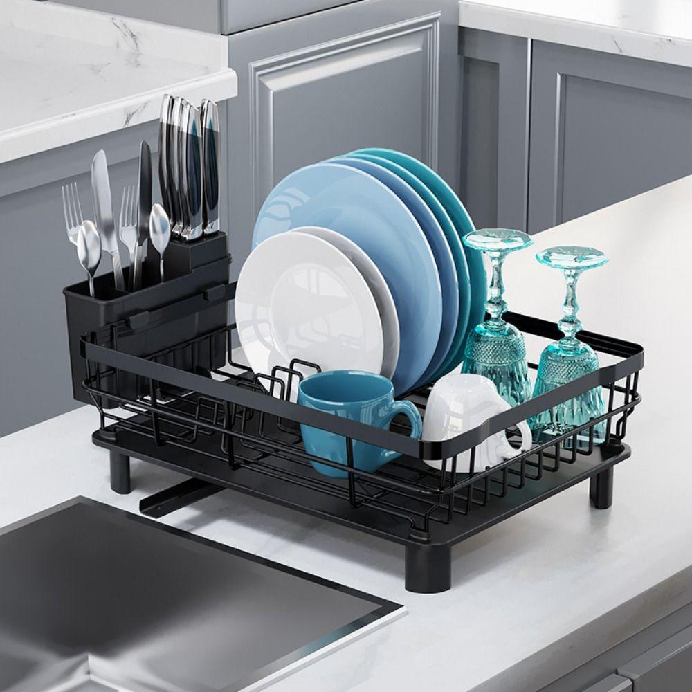 Rust-Proof Dish Drying Rack Large Capacity Extendable Kitchen Storage Shelf Detachable Cup Shelf Utensils Chopsticks Holder
