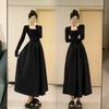 Hepburn Style Black Waist Temperament Long-sleeved Dress Women's Autumn New French Slim Medium and Long Skirt