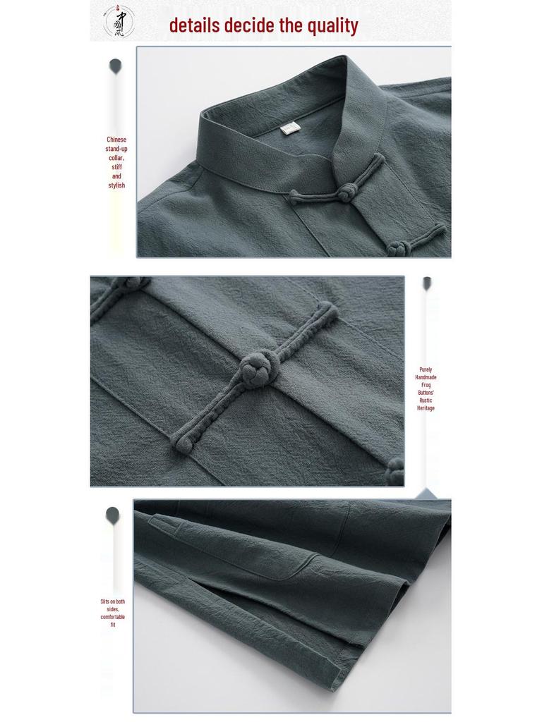 Herren Langarm Baumwolle & Leinen Tang-Anzug: Zweiteiliges Set im chinesischen Retro-Stil mit Froschknöpfen für Herbst und Frühling