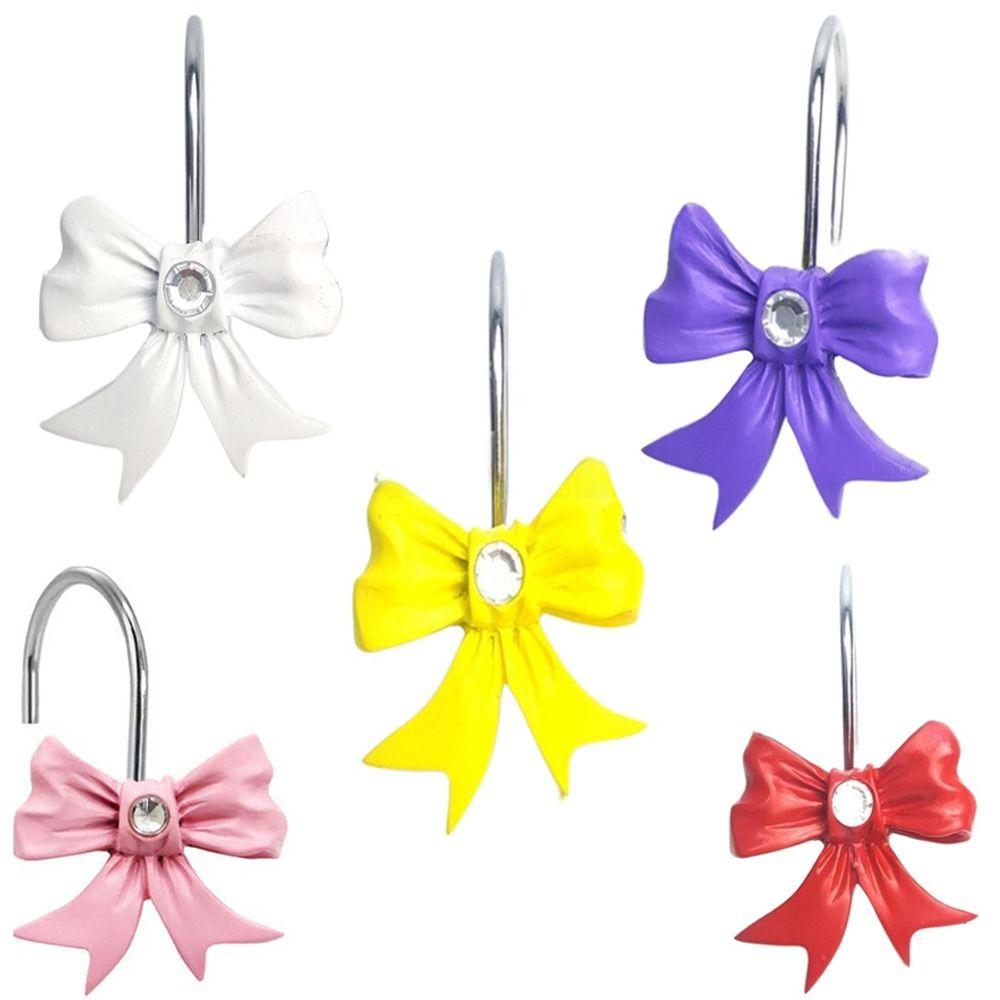 12PCS Set Durable Pink Bow Knot Hooks Resin Shower Rings Art Decors Pink Bathroom Decor  Bathroom