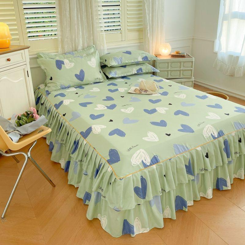 Floral Pattern Bed Skirt Set Mattress Anti Slip Protective Cover for Household Bedding Double Layered Skirt Dustproof Bed Cover