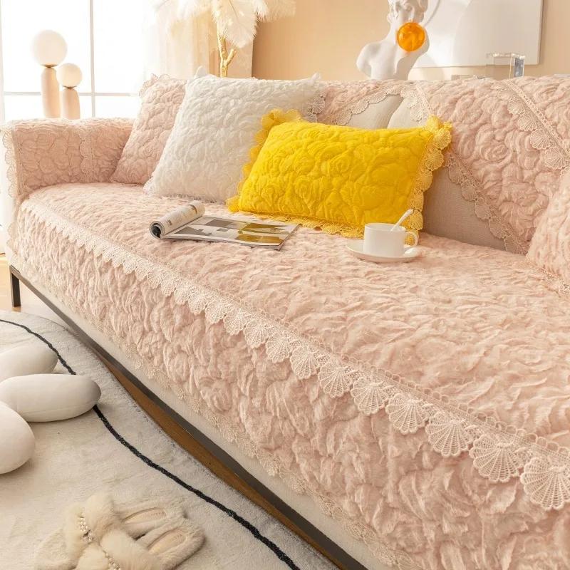 Modern Plush Sofa Cushions Winter Lace Flannel Sofa Cover Four Seasons Solid Color Non-slip Sofa Cover For1/2/3 Seat Sofas Decor