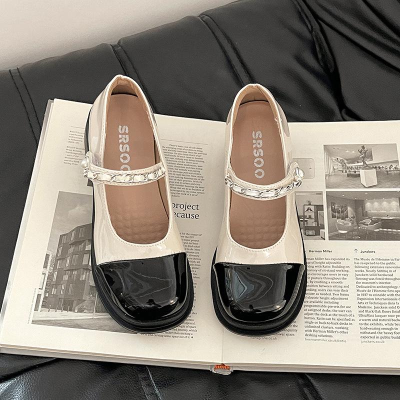 Retro Temperament Pearl Single Shoes Round Head Mary Jane Small Leather Shoes Women's Summer New Color Matching