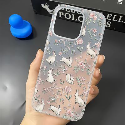 Little White Rabbit with Broken Flowers Phone Case For IPhone 17 16 15 14 13 12 11 Pro Max 7 8 Transparent Silicone Soft Cover