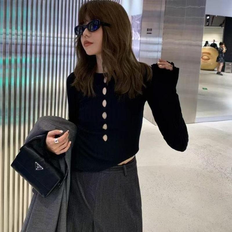 

Шикарный рваный ажурный вязаный свитер с длинным рукавом женский дизайн начала весны темпераментный уникальный облегающий топ XL чёрный