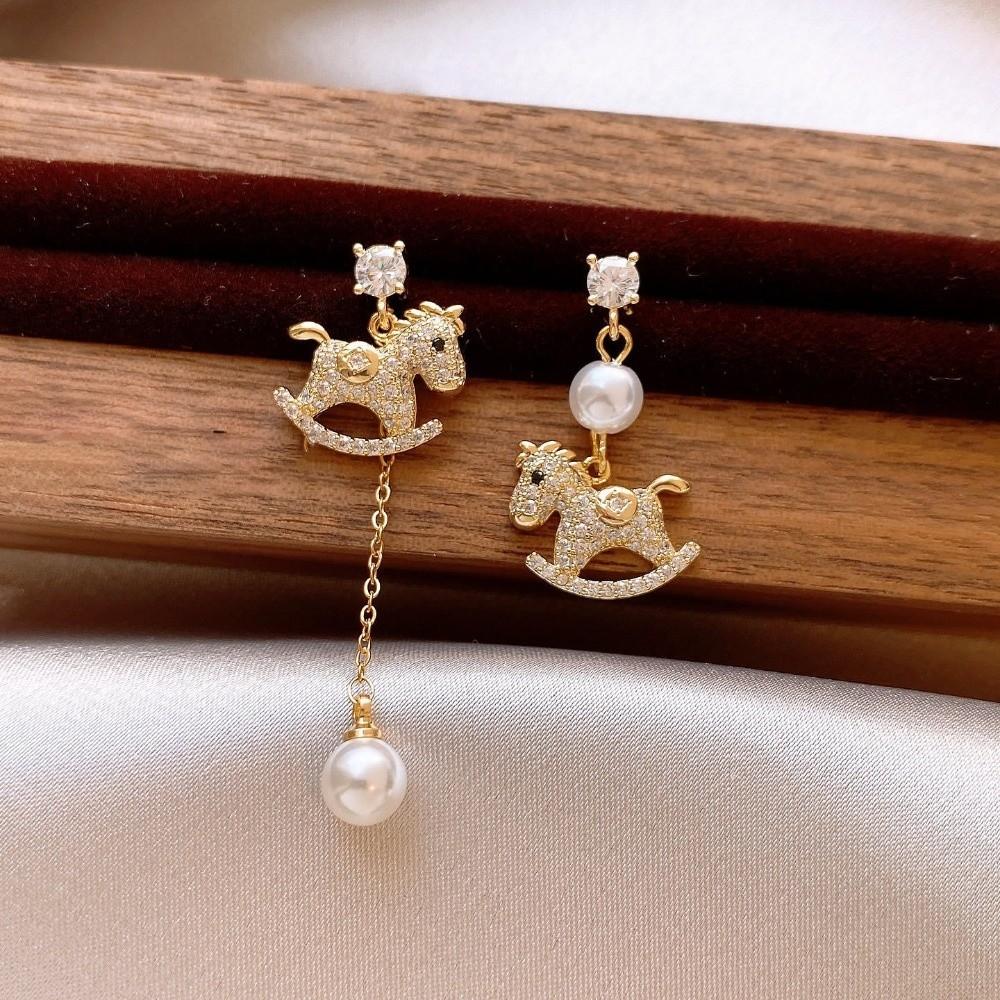 Cartoon Horse New Year Horse Earrings Zircon Horse Mascot Drop Earrings Gold Pony Earrings Women