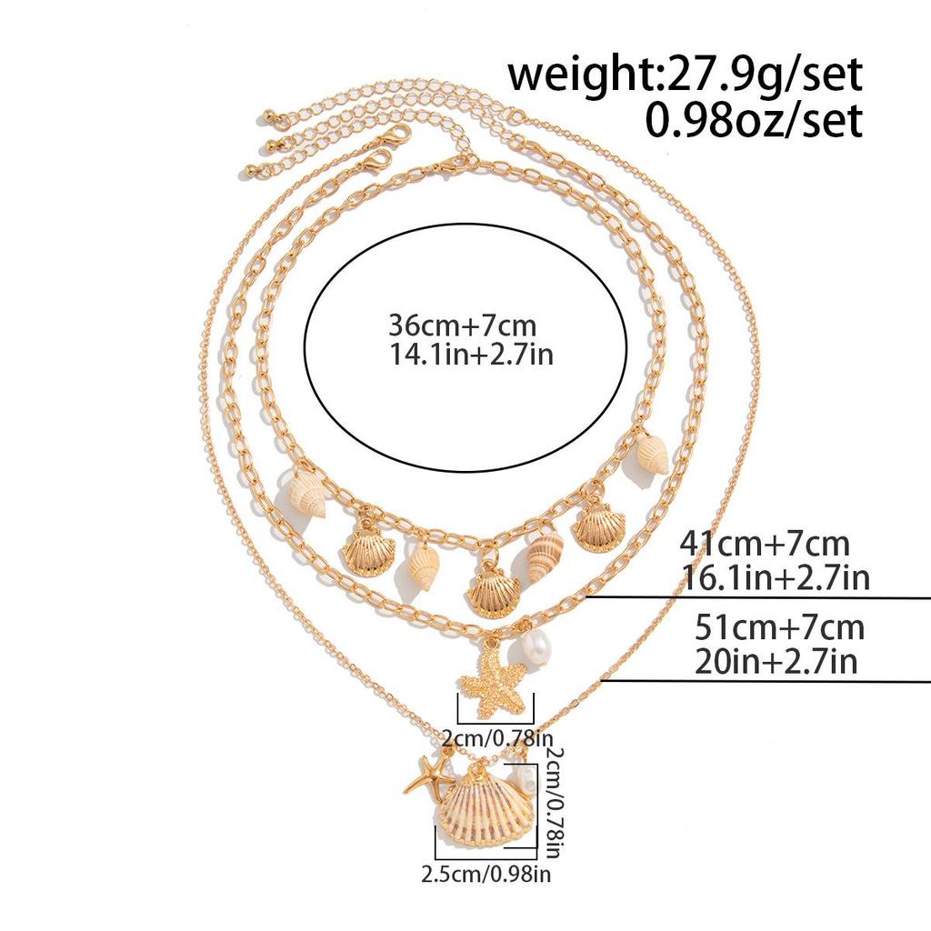 3pcs Bohemian Shell Starfish Pendant Necklace Ocean Series Multi-layered Alloy Pearl Clavicle Chain Necklaces for Women Summer Fashion Jewelry