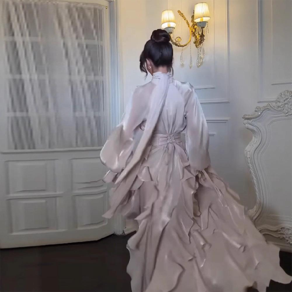 Nouvelle robe plissée à vagues en mousseline pour femme printemps et été, robe à manches longues avec bordure à volants style français