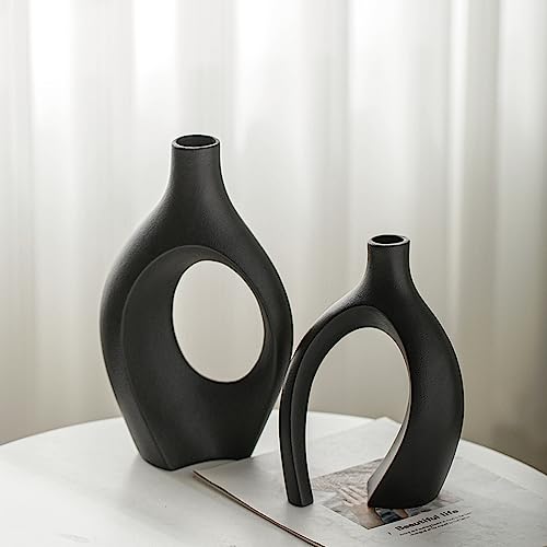 Levvohd Stylish Interior Vases, Black Base Ceramic, Hollow Ceramic Dried Flower Vase Set of 2 (Black Large)