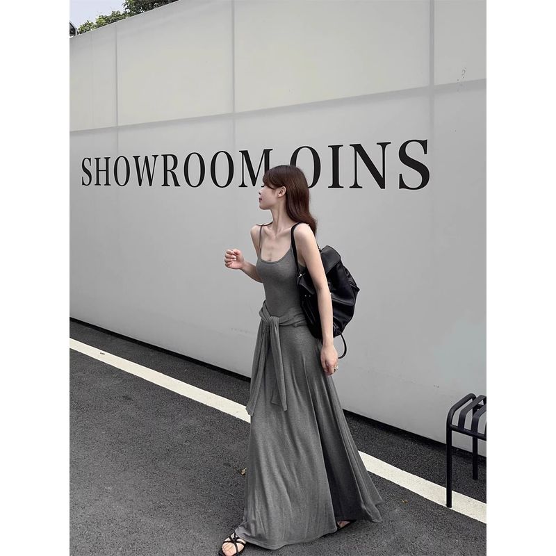 Kumikumi Idle Style Simple Solid Sling One Piece Dress Women Clothing Summer Elegant All-Match Waist Hugging Slimming Long Dress