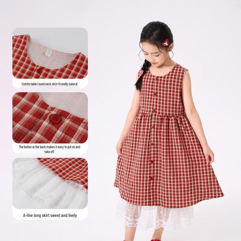 Girls' Plaid Lace Sleeveless A-line Dress