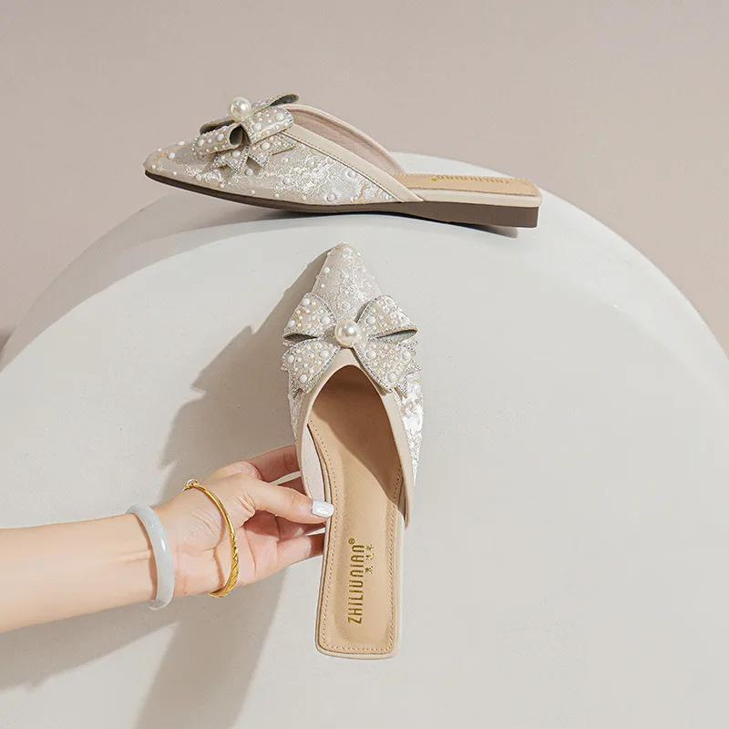 New Women Shoes Fashion Slipper Slik Upper Pointed Toe Bowknot Casual Sandals Ladies Match Dress Flat Slides