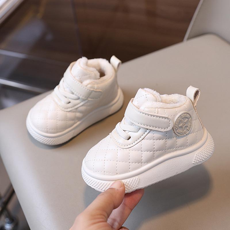 

Baby Winter Soft Soled Snow Boots Boys Cotton Shoes Girls Antiskid Keep Warm Add Velvet Neutral Velcro Round Toe Solid Color 16in12CM белый