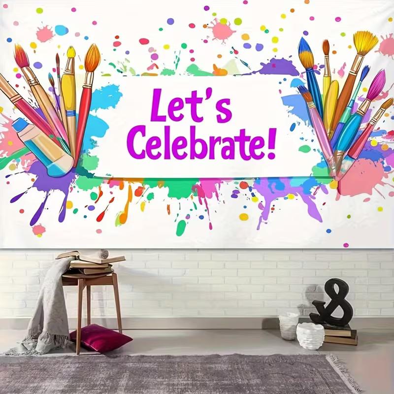 2D "Let's Celebrate!" Art Studio Backdrop Vibrant Paint Splash Themed Party Background
