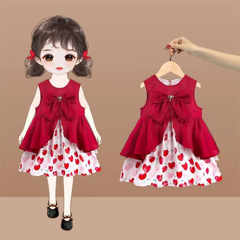 Girls Summer Sweet Strawberry Polo Collar Plaid Dress Fashionable Princess Skirt