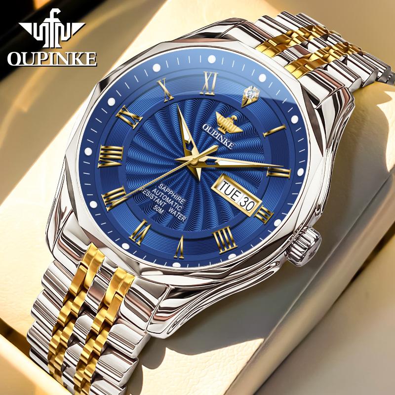 OUPINKE 3207 Automatic Watches for Men Original Import Japan Movement Real Diamond Dual Calendar Business Mechanical Wristwatch
