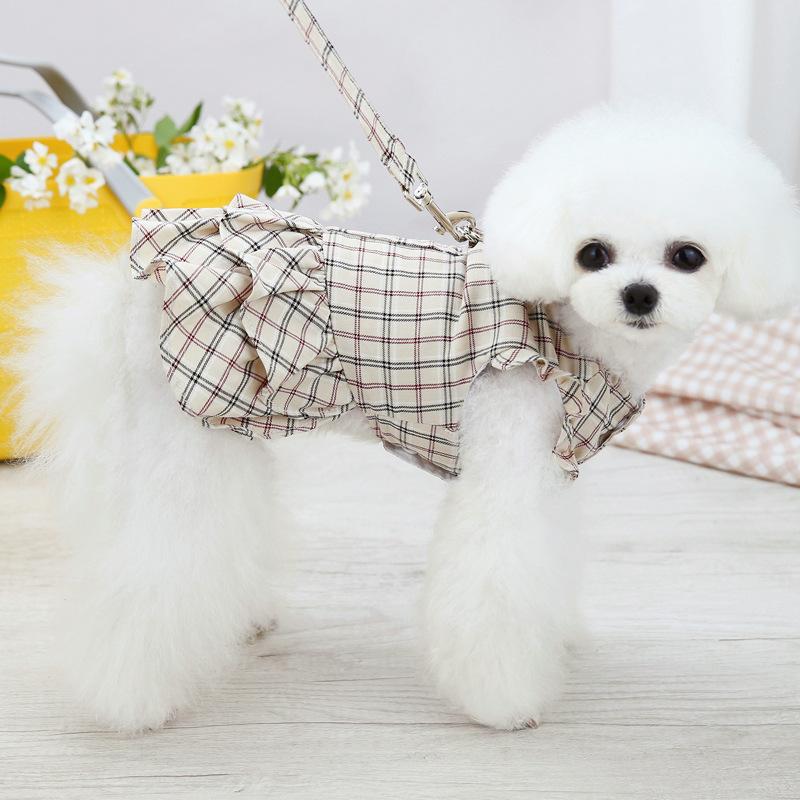 Summer Pet Princess Plaid Skirt Sweet Bowknot Dog Dress With Leash Set Chihuahua French Bulldog Yorkshire Cute Puppy Costume