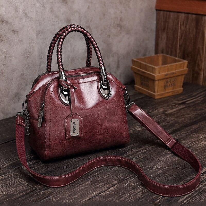 Johnature Oil Wax Leather Women Bag Retro Portable Handbag Solid Color Fashion Large Capacity Shoulder & Crossbody Bags