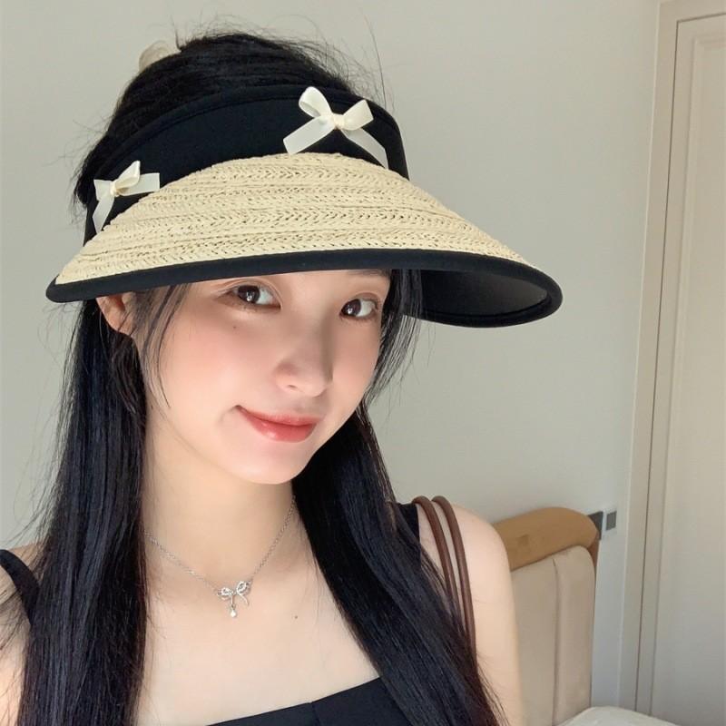 Summer Black Straw Wide Brim Hat For Women With Bow Adjustable For Outdoor Use