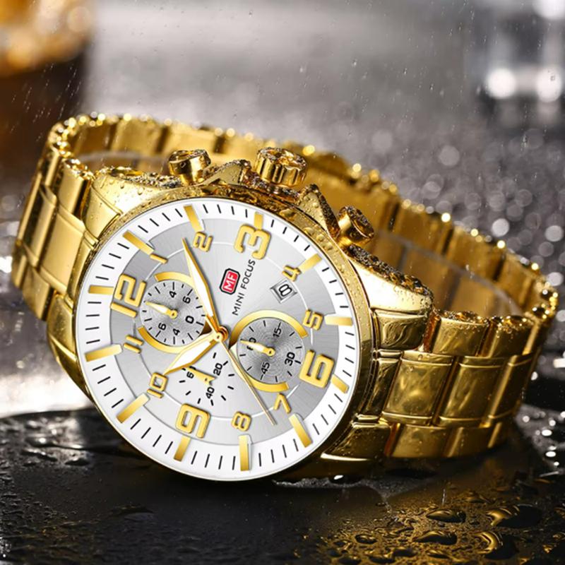 MINI FOCUS Men's Business Quartz Watches Stainless Business Chronograph Watch Gold Blue Relogios Masculino Clock
