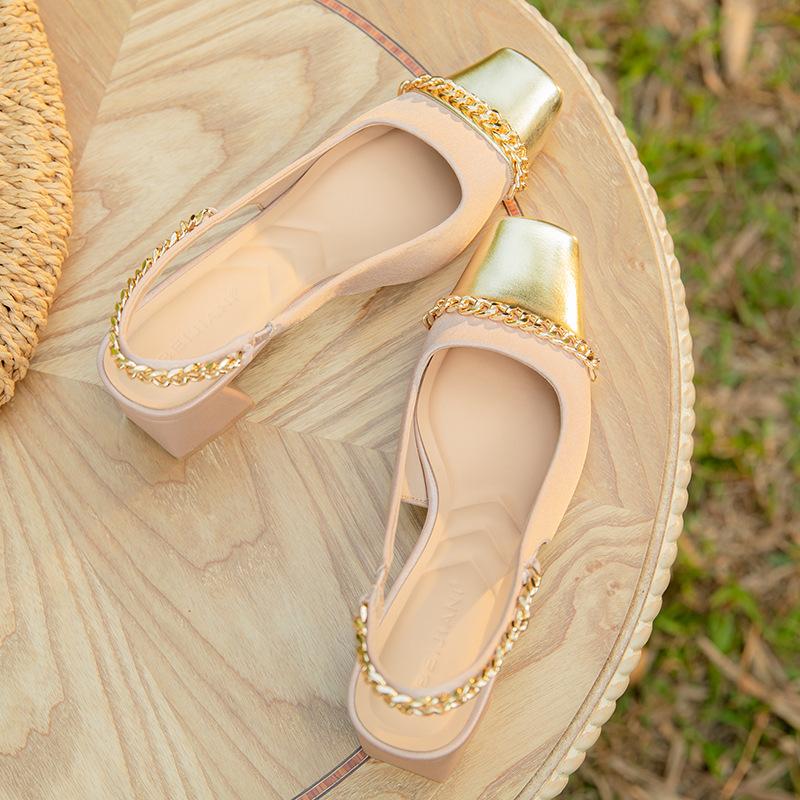 Retro chain splicing Mary Jane shoes women's thick heel square head sandals outer wear color matching single shoes summer