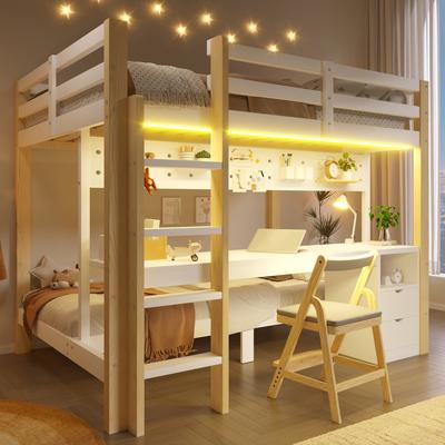 Loft Bed, 90x200 and 140x200 Cm, Pine Wood, with Drawers and Desk, Equipped with Pegboard Hanging Device, Includes LED Light Strip, Without Mattress