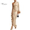 Soft Fabric Dress Women's One Shoulder Asymmetric Ruffle Satin Dress, Formal Everyday Wear Evening Party Gown, Long Sleeve Ruched Bridesmaid